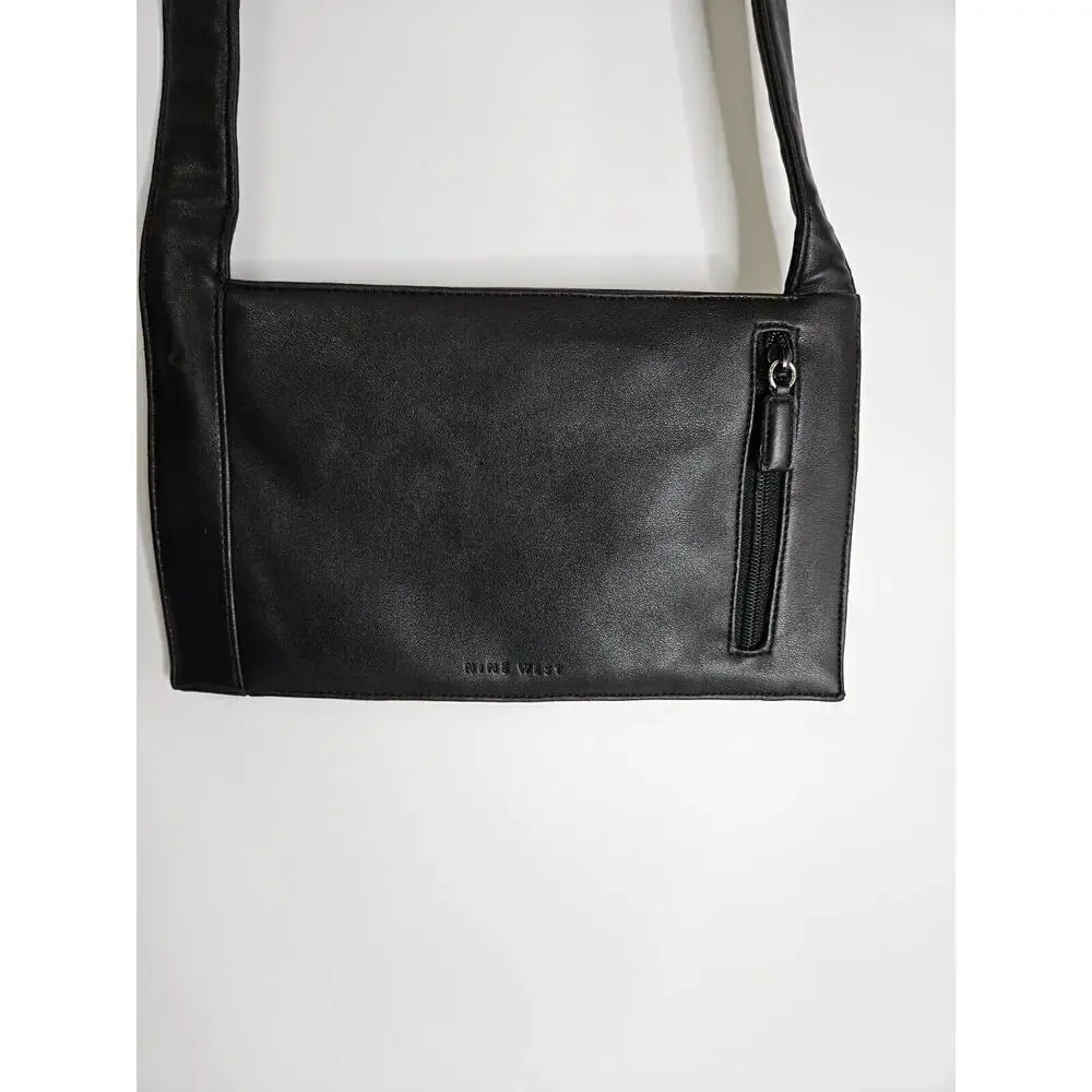 Nine West Black Leather Flat Wallet Shoulder Bag Quiet Luxury Minimalist